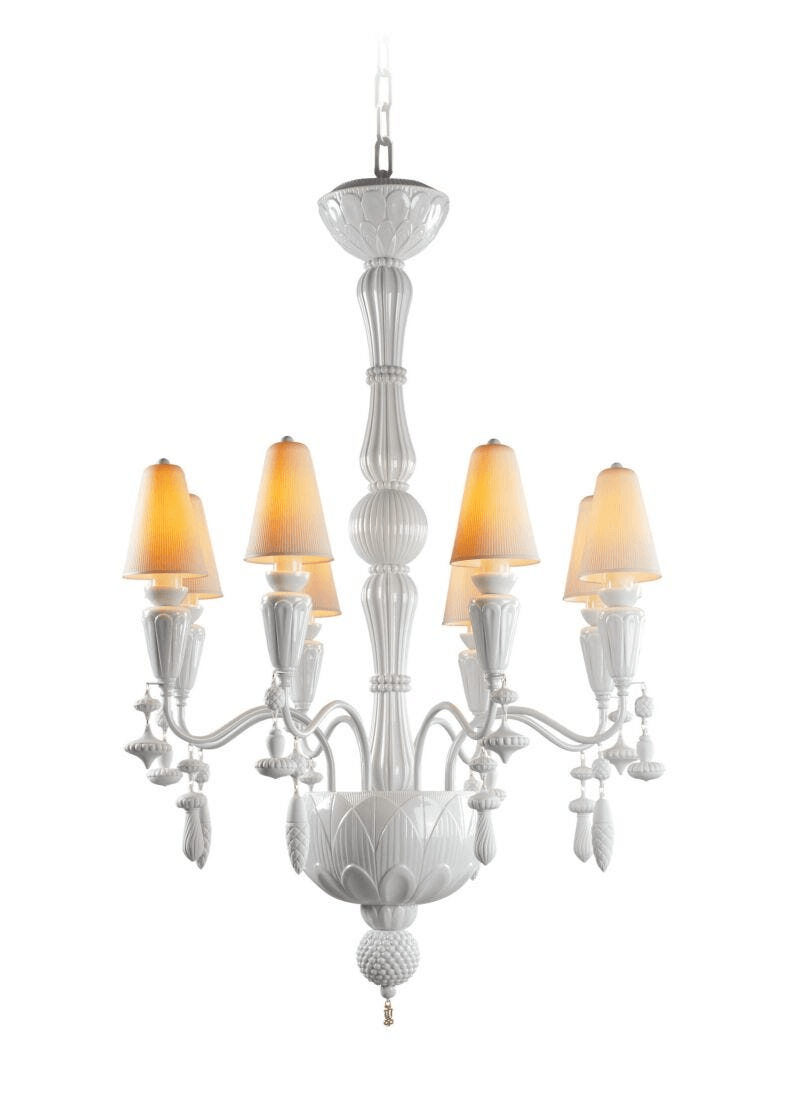 Lladró - Ivy and Seed 8 Lights Chandelier - White in elegant porcelain design with plant motifs.