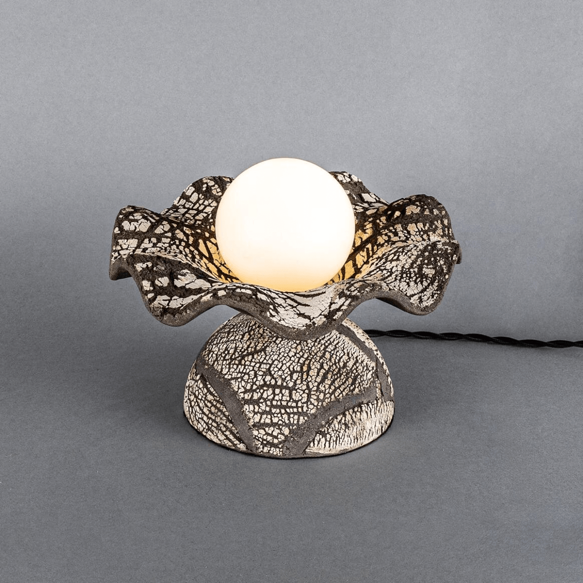 Mullan Rivale Table Lamp with Wavy Ceramic Shade Black Clay - Antique Silver Finish