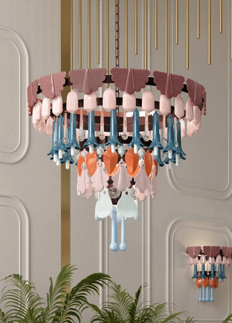 Lladró - Seasons Chandelier 70 - Fall featuring vibrant porcelain elements in art deco design.