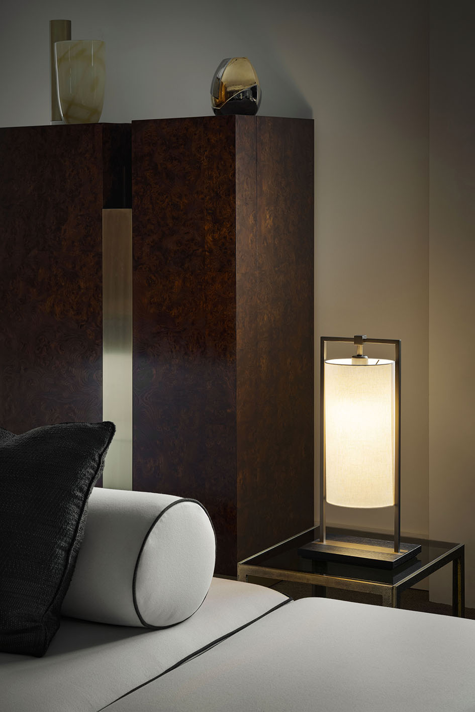 Contardi Athena Table Lamp - Brushed Bronze Nickel Frame - White Linen Shade