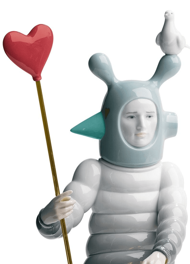 Lladró - The Lover II Sculpture features a whimsical porcelain character holding a heart and a bird.