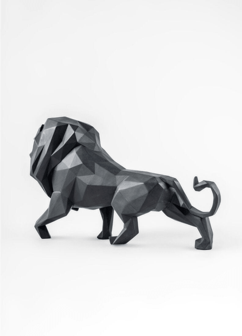 Lladró - Lion Sculpture - Matte Black, a contemporary porcelain depiction of a lion in geometric style.