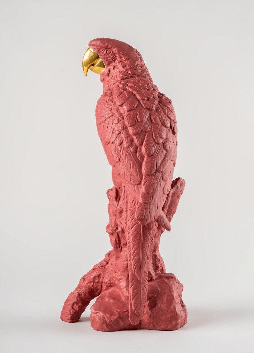 Lladró - Macaw Bird Sculpture - Red-Gold - Limited Edition, handcrafted porcelain macaw in coral red and gold luster.