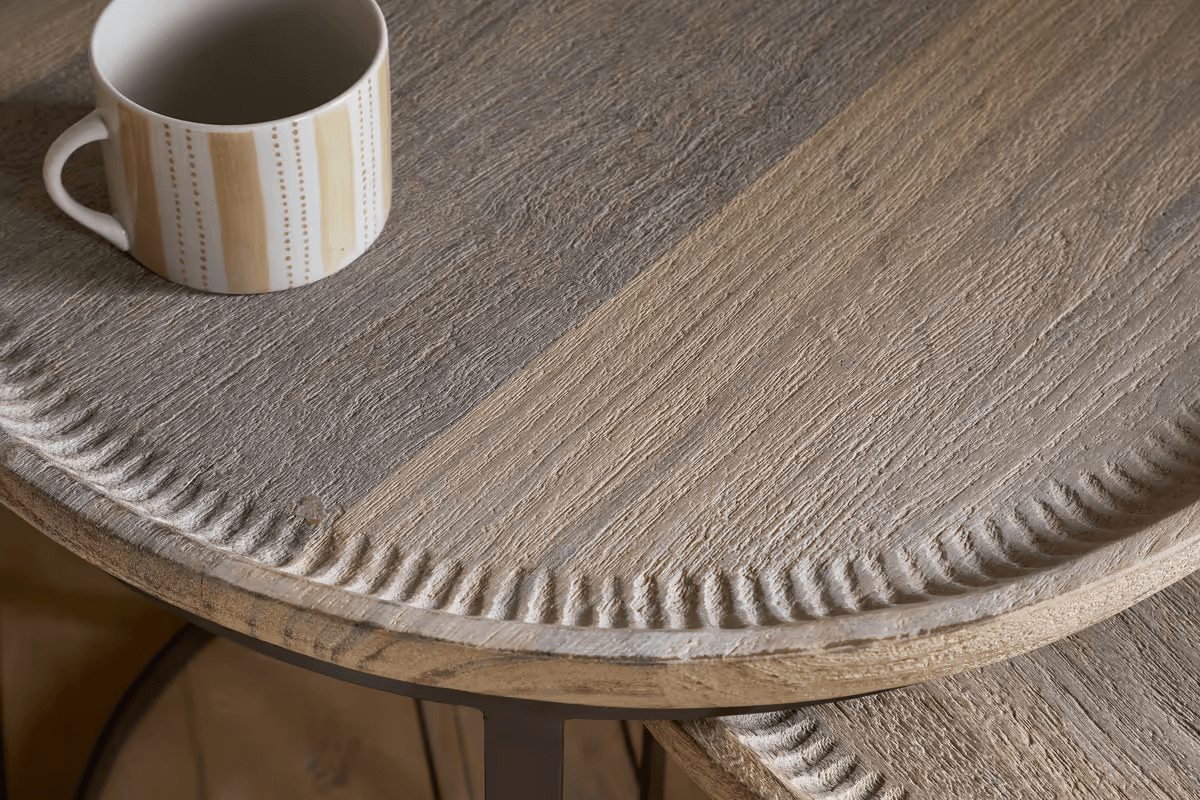 Nkuku - Nisha Carved Reclaimed Wood & Iron Nesting Side Tables - Natural