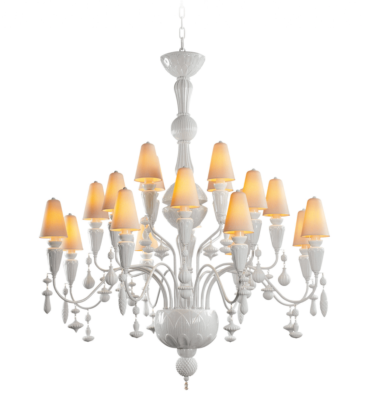 Lladró - Ivy and Seed 20 Lights Chandelier - White, elegant porcelain chandelier with 20 plant-inspired lights.