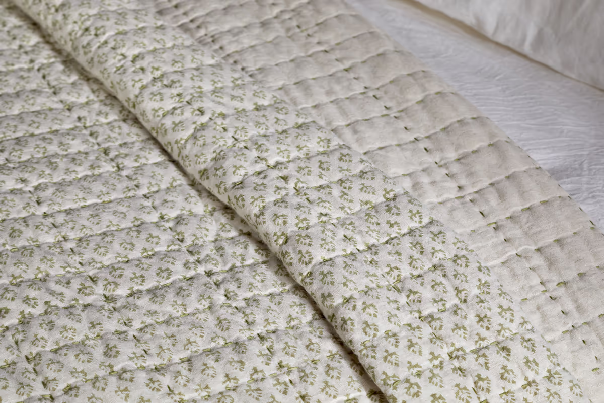 Nkuku - Peplu Cotton & Linen Screen Print Bed Quilt - Sage Green - 220 x 240cm