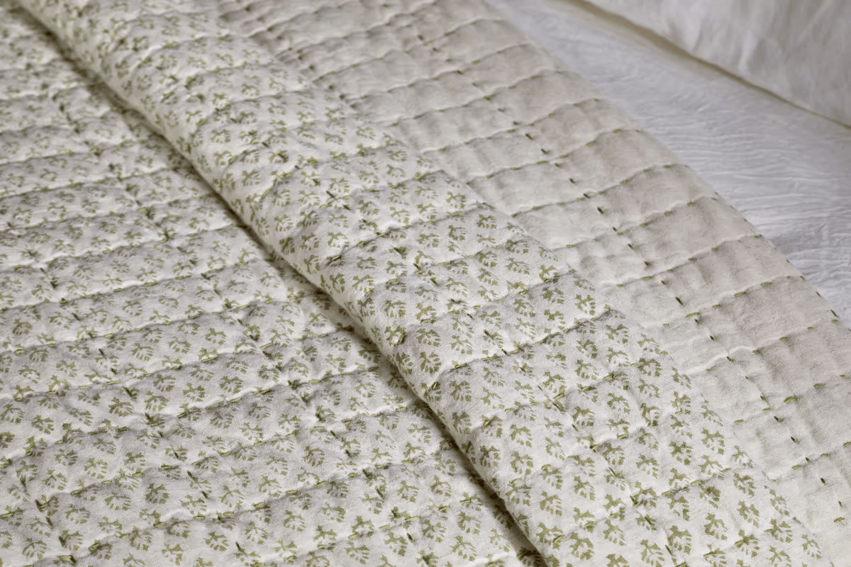 Nkuku - Peplu Cotton & Linen Screen Print Bed Quilt - Sage Green - 220 x 240cm