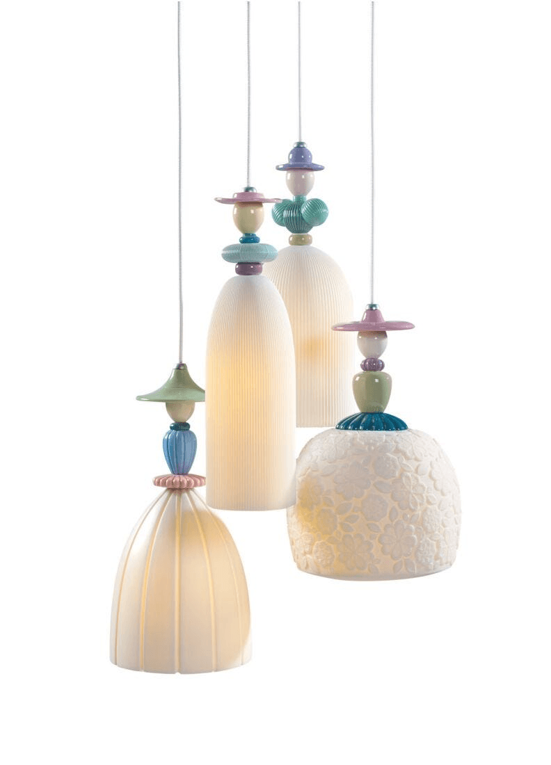 Lladró - Mademoiselle 4 Lights Walking on The Beach Pendant Light with colorful porcelain designs.