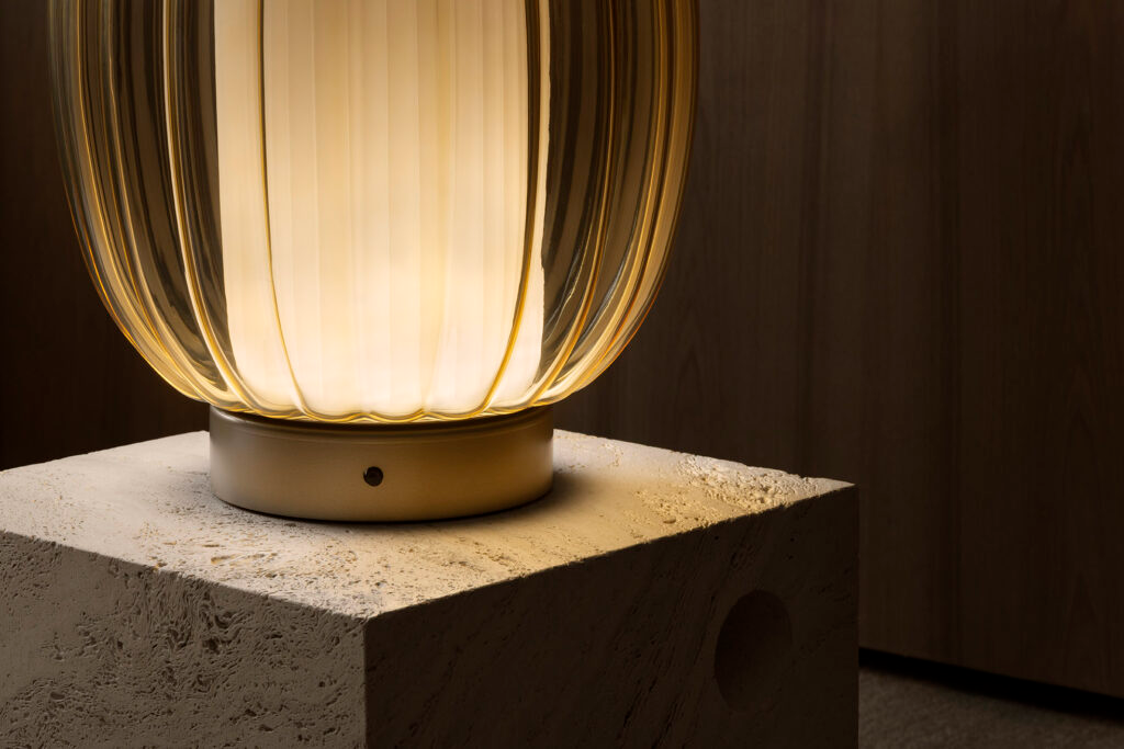 Contardi Alma Table Lamp - Champagne Frame - Amber Glass Diffuser - White Fabric Plissé Inside Diffuser