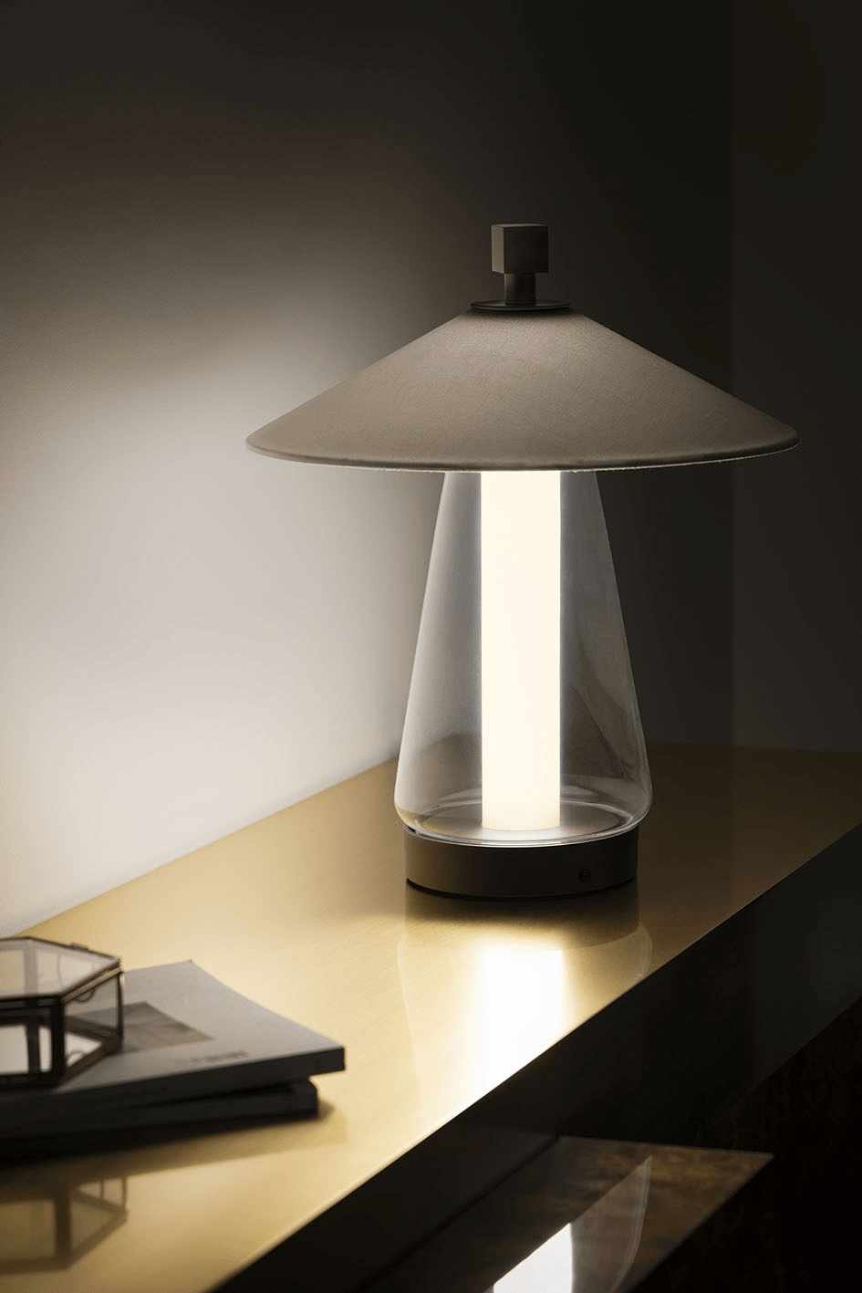 Contardi Asia Table Lamp Small - Brushed Bronze Nickel Frame - White Cotton Shade - Clear Glass Diffuser