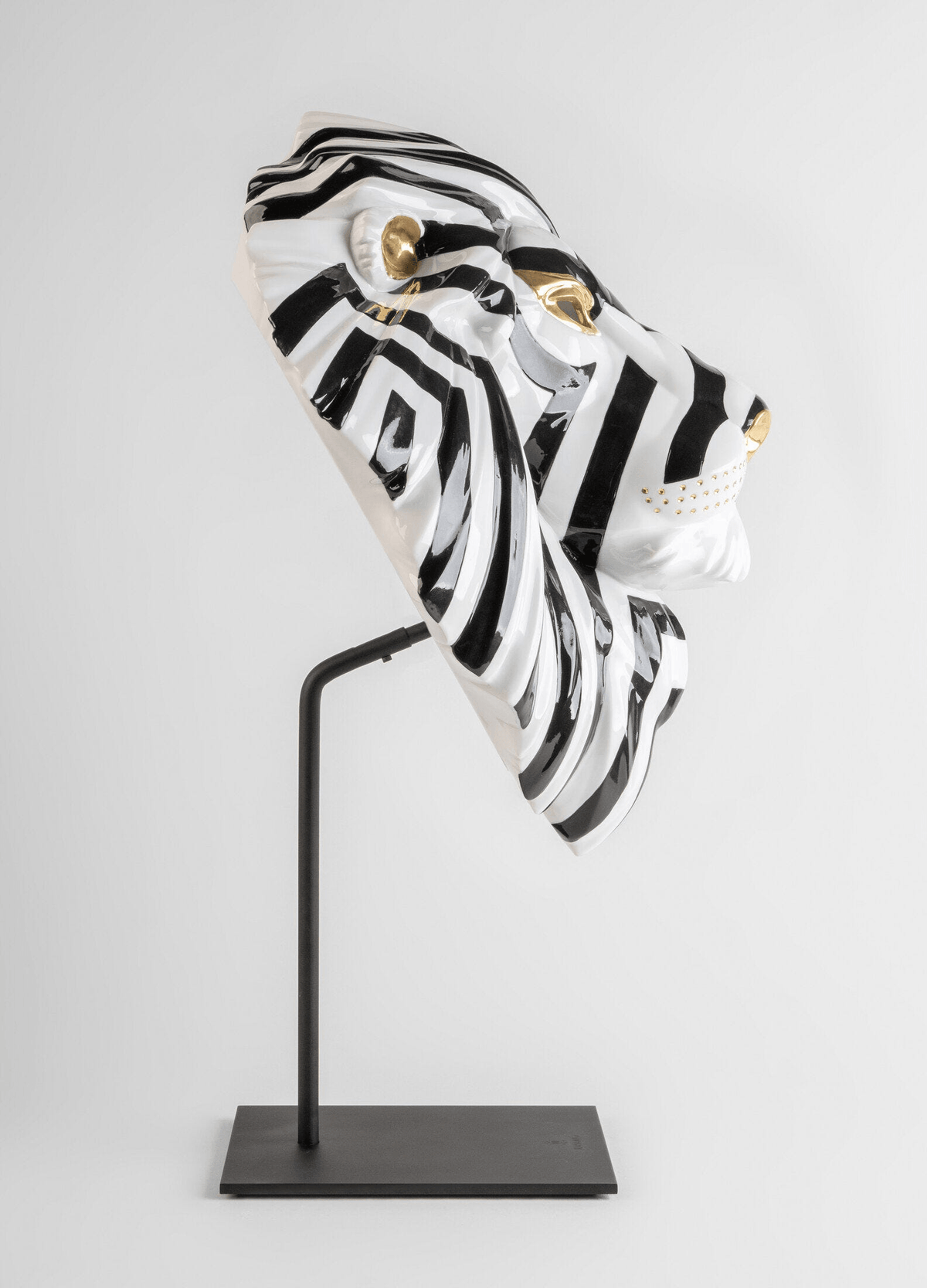 Lladró - Lion Mask - Black-Gold porcelain sculpture with black and white stripes and gold accents