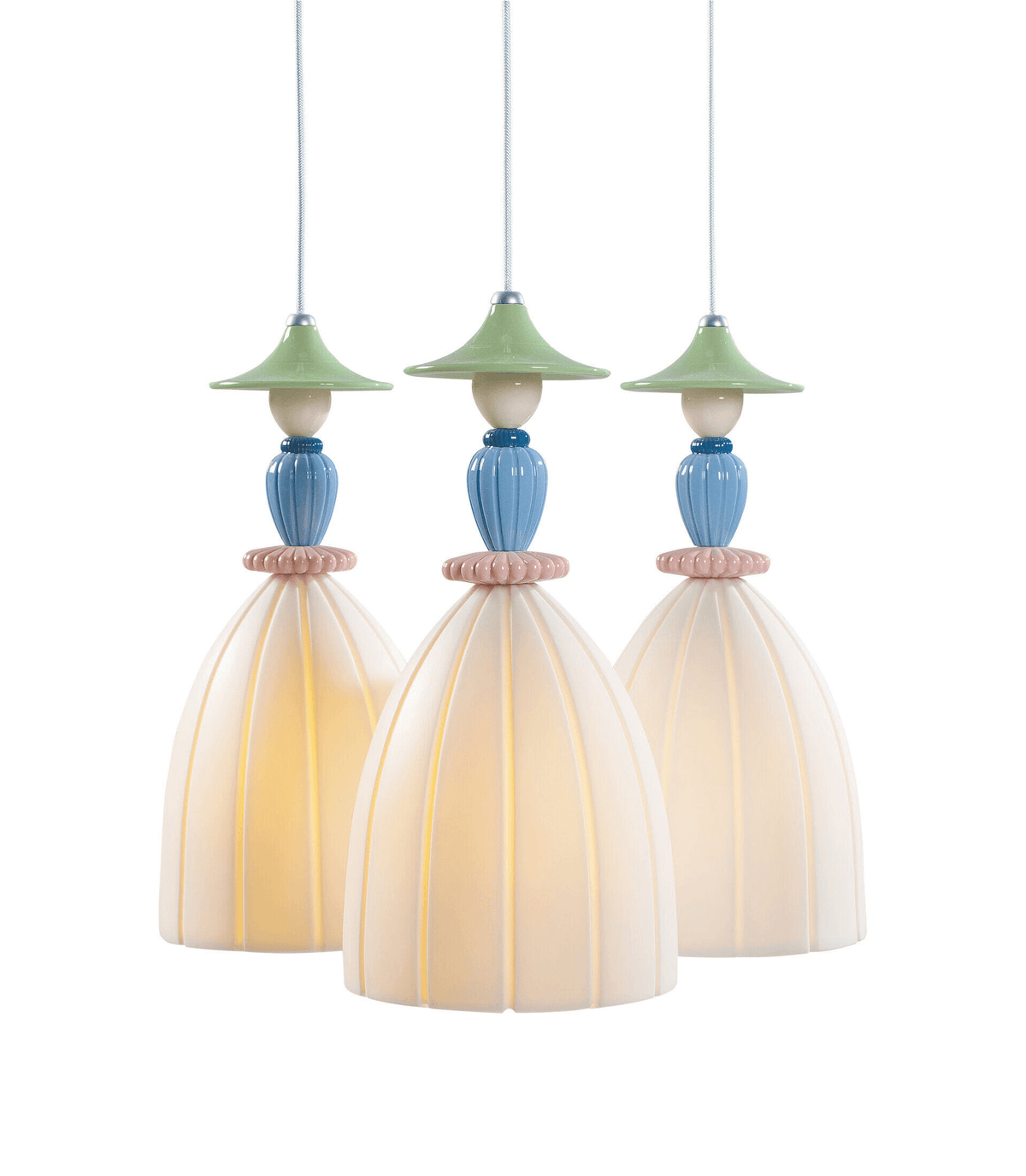 Lladró - Mademoiselle Round Canopy 3 Lights Sharing Secrets Pendant Light showcasing colorful porcelain design.