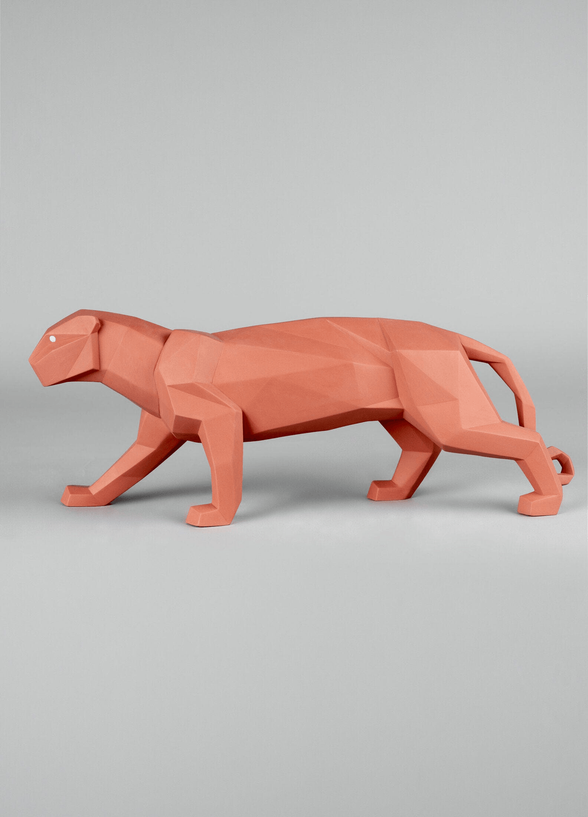 Lladró - Panther Sculpture - Coral Matte in coral matte porcelain, featuring geometric origami design.