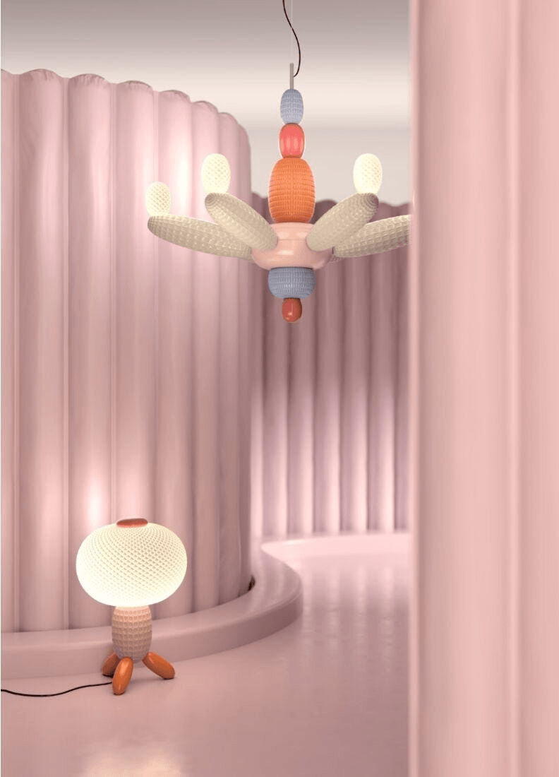 Lladró - Soft Blown Table lamp - Pink made of Lladro Porcelain, glowing in a pink room.