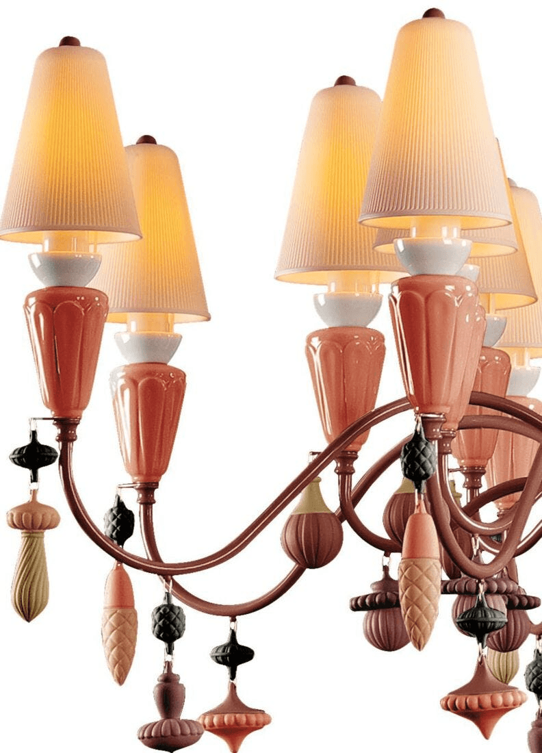 Lladró - Ivy and Seed 16 Lights Chandelier - Coral, vibrant porcelain chandelier with organic shapes and motifs.