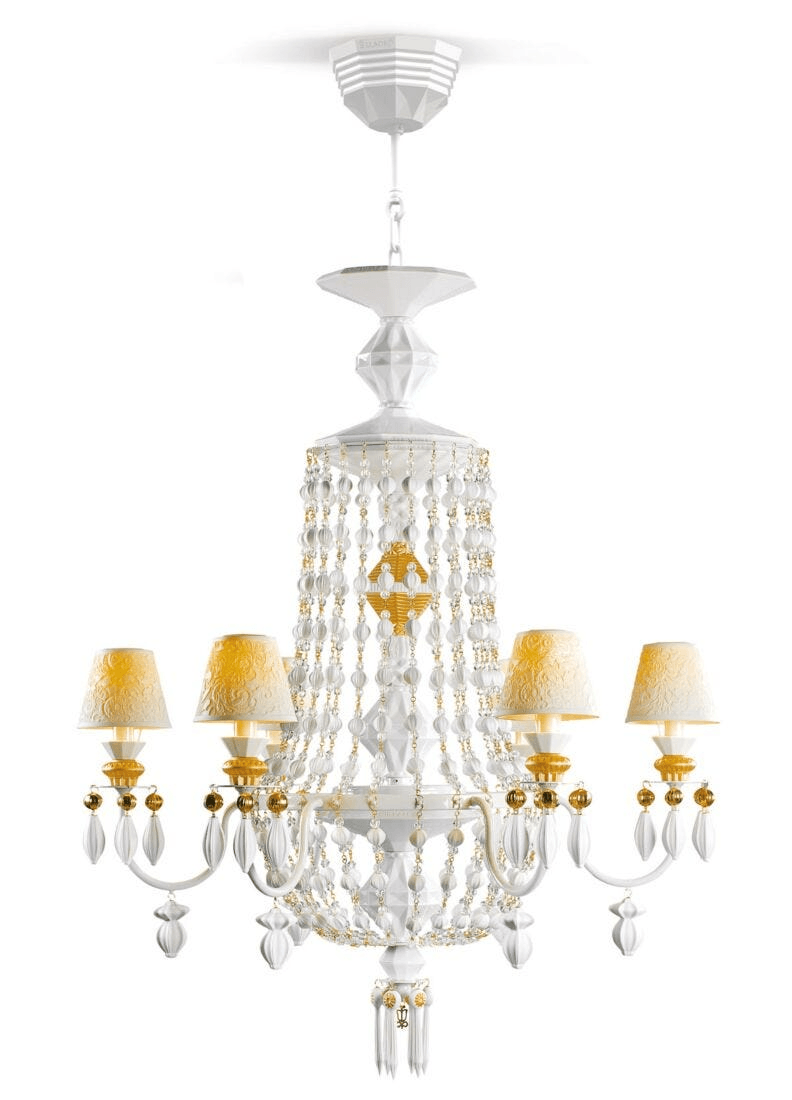 Lladró - Winter Palace 6 Lights Chandelier featuring porcelain finish and golden accents, elegant lighting for luxury decor.