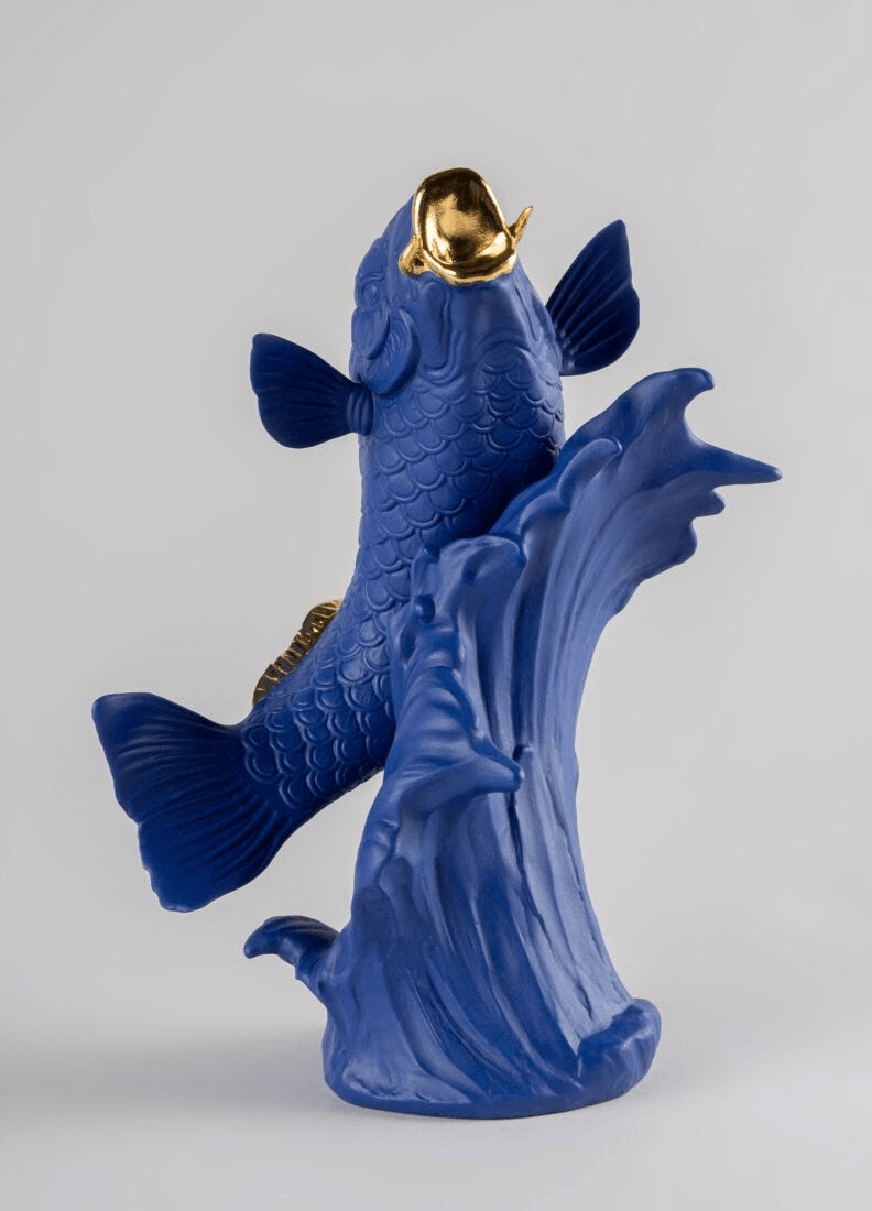 Lladró - Koi Sculpture - Blue-Gold - Limited Edition, decorative porcelain fish sculpture with golden accents.