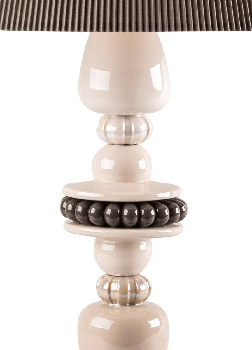 Lladró - Firefly Table Lamp - Pearly, glazed porcelain lamp with gold details and cloth screen.