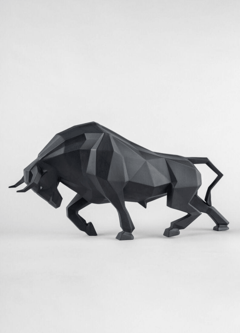 Lladró - Bull Sculpture - Black matte handcrafted in black porcelain, geometric design with bright eyes.