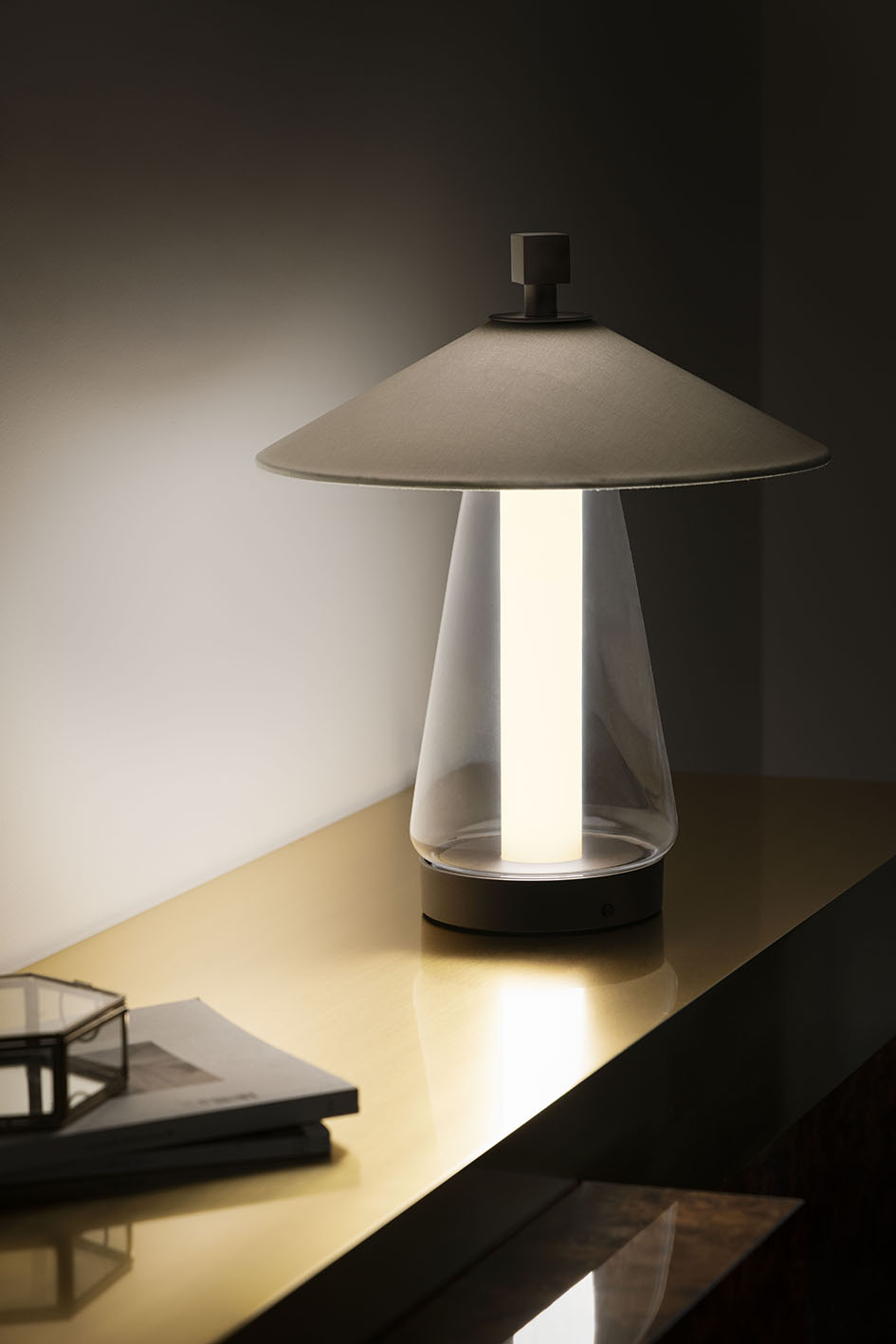 Contardi Asia Table Lamp Medium - Brushed Bronze Nickel Frame - White Cotton Shade - Clear Glass Diffuser
