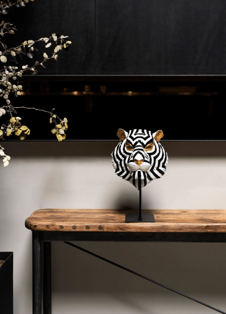 Lladró - Tiger Mask - Black and Gold, glossy porcelain decoration with black and gold design for home decor.