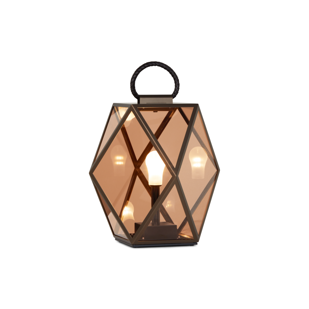 Contardi Lighting Muse Lantern Battery Floor Lamp - Medium - Bronze Lacquered Brown Braided Leather Handle - Amber Acrylic