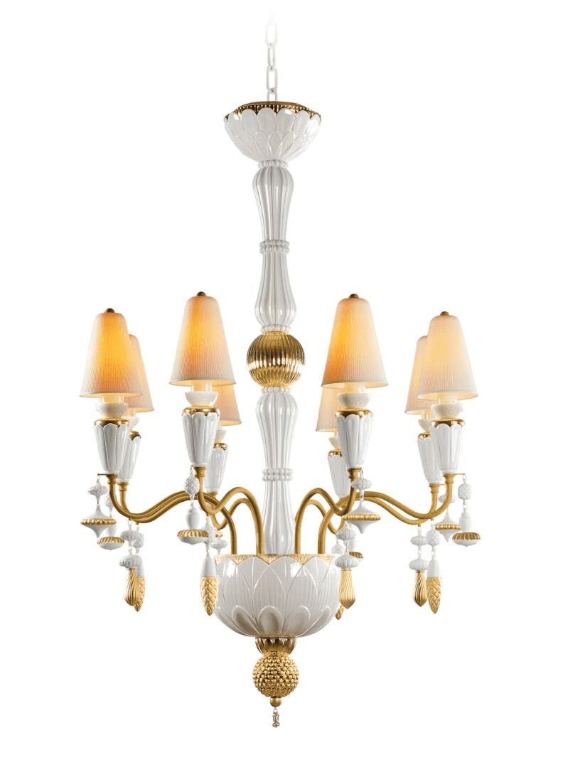 Lladró - Ivy and Seed 8 Lights Chandelier - Golden luster featuring elegant porcelain design and golden accents.