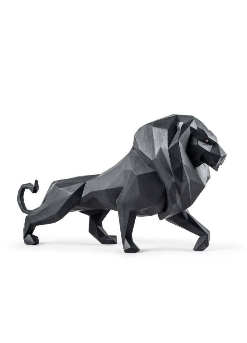 Lladró - Lion Sculpture - Matte Black, artistic matte black porcelain lion sculpture with geometric design.