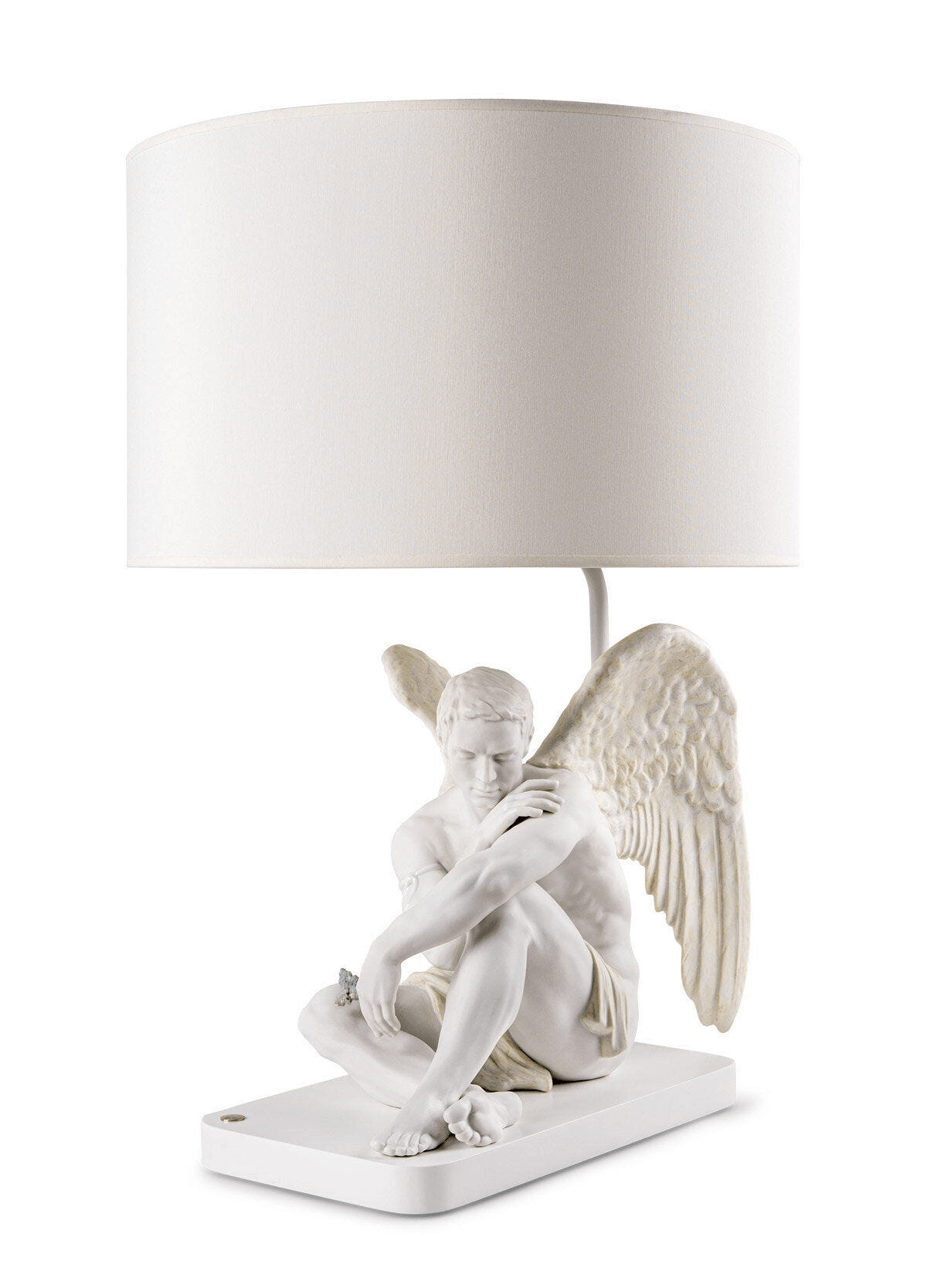 Lladró - Protective Angel Table Lamp in Lladro Porcelain. Features a sculpted seated white angel and a round shade.
