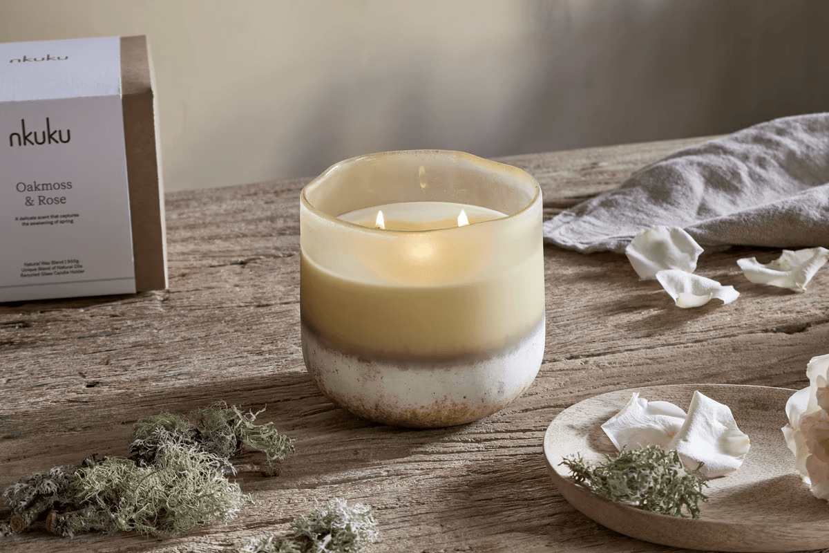 Nkuku - Oakmoss & Rose 3 Wick Scented Candle - Yellow