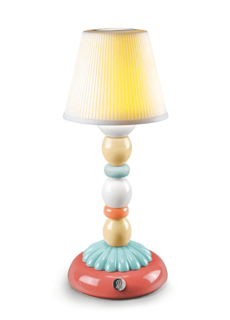 Lladró - Palm Firefly Table Lamp - Pale Blue featuring a colorful design and a pleated yellow shade.