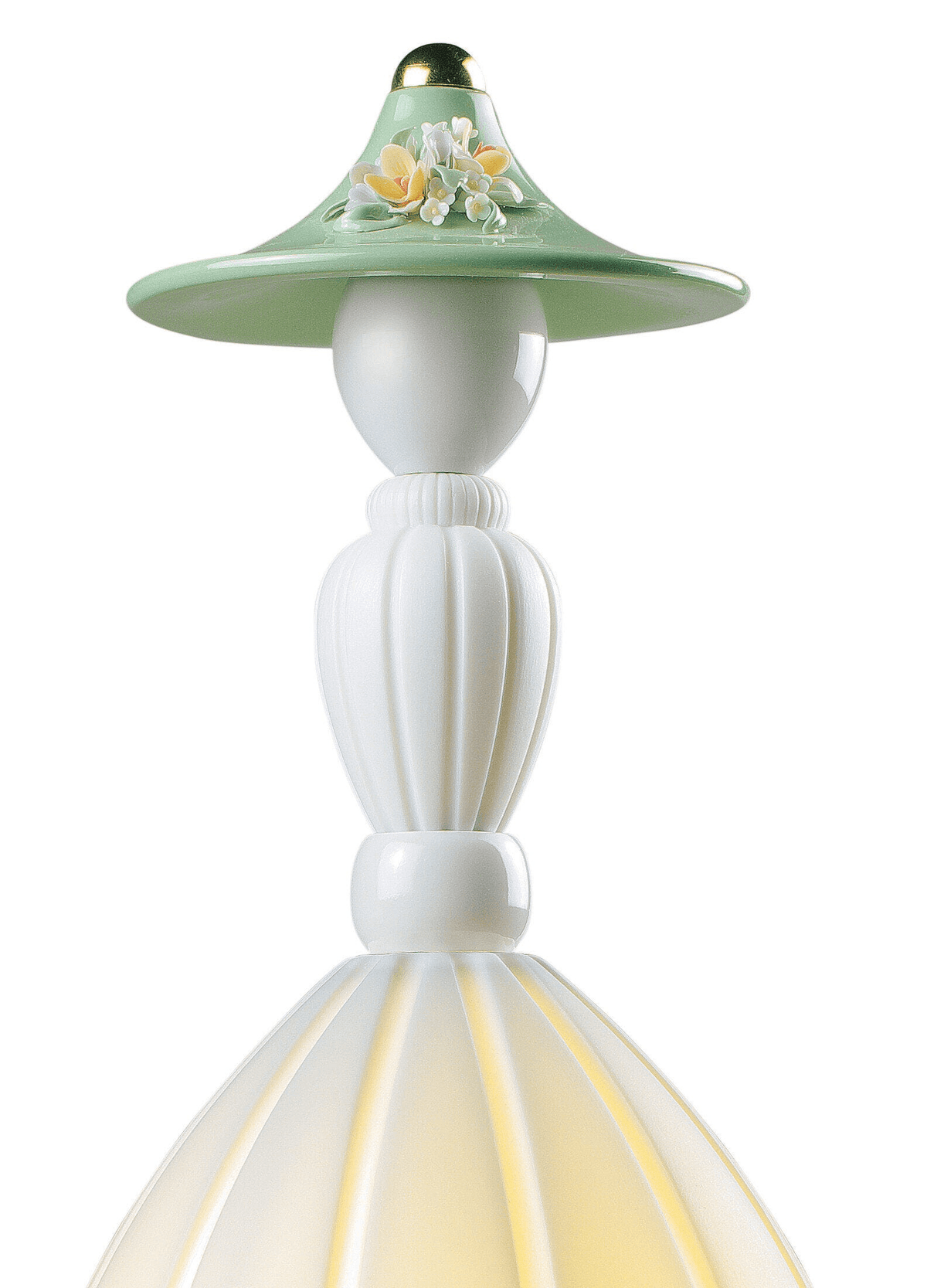 Close-up of Lladró - Mademoiselle Table Lamp - Daniela in white Lladro Porcelain with a green floral detailed top.