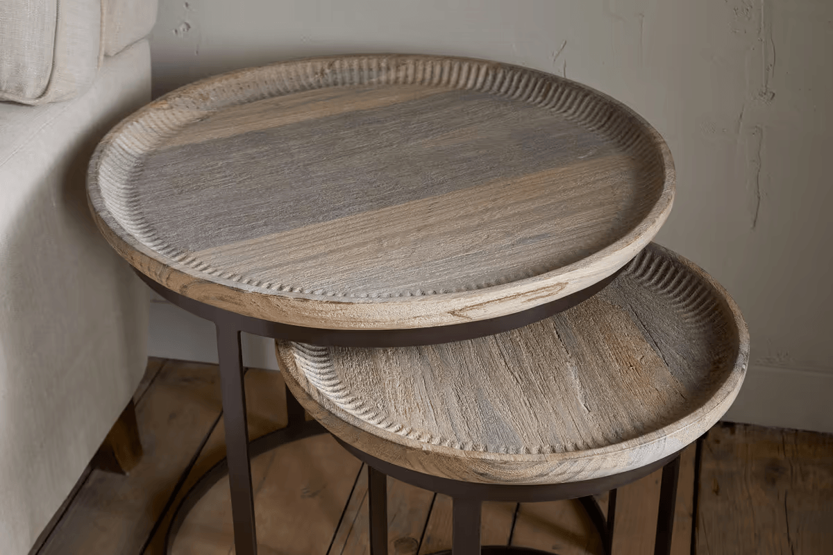 Nkuku - Nisha Carved Reclaimed Wood & Iron Nesting Side Tables - Natural
