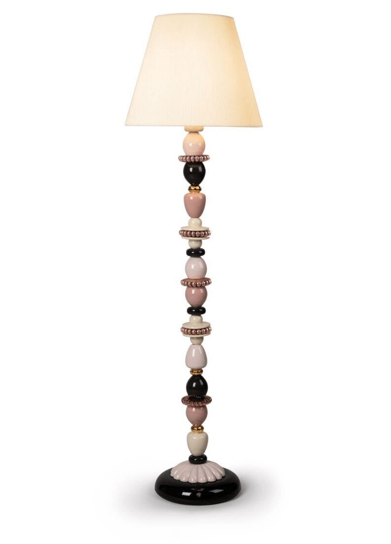 Lladró - Firefly Floor Lamp - Pink and Gold in Lladro Porcelain with pastel tones and a cloth shade.
