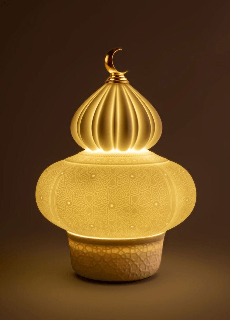 Lladró - Majestic Nights wireless Lamp - Champagne, porcelain lamp with intricate patterns, warm ambient light.