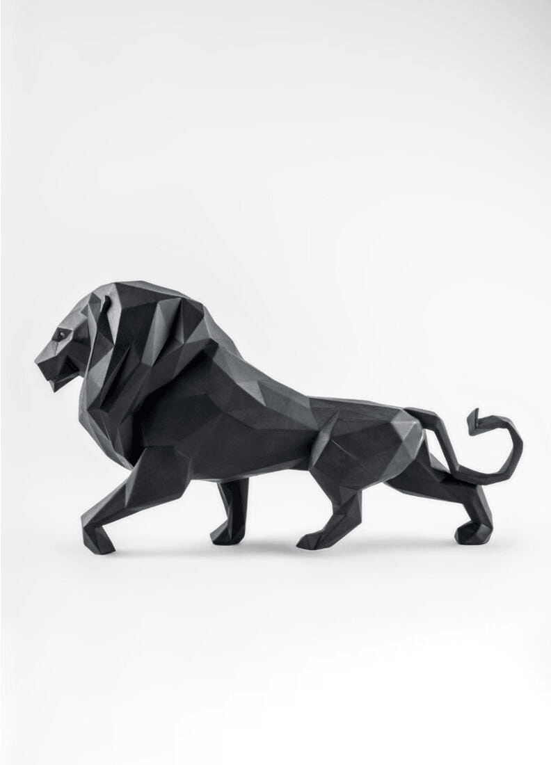 Lladró - Lion Sculpture - Matte Black in a modern origami design, showcasing a geometric black porcelain lion.