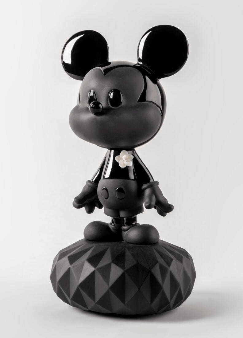 Lladró - Mickey Total Black Sculpture in elegant black porcelain design on a geometric base.