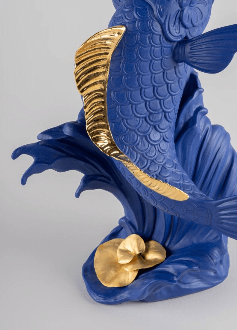 Lladró - Koi Sculpture - Blue-Gold - Limited Edition, porcelain decorative piece with gold accents.