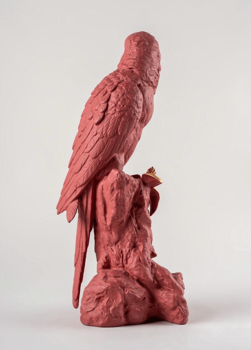 Lladró - Macaw Bird Sculpture - Red-Gold - Limited Edition handcrafted porcelain macaw in coral red and gold luster.