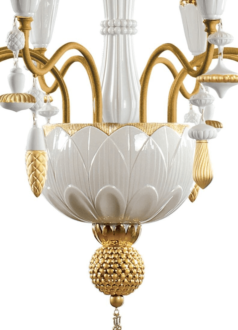 Lladró - Ivy and Seed 8 Lights Chandelier - Golden luster close-up showcasing porcelain details and golden accents.