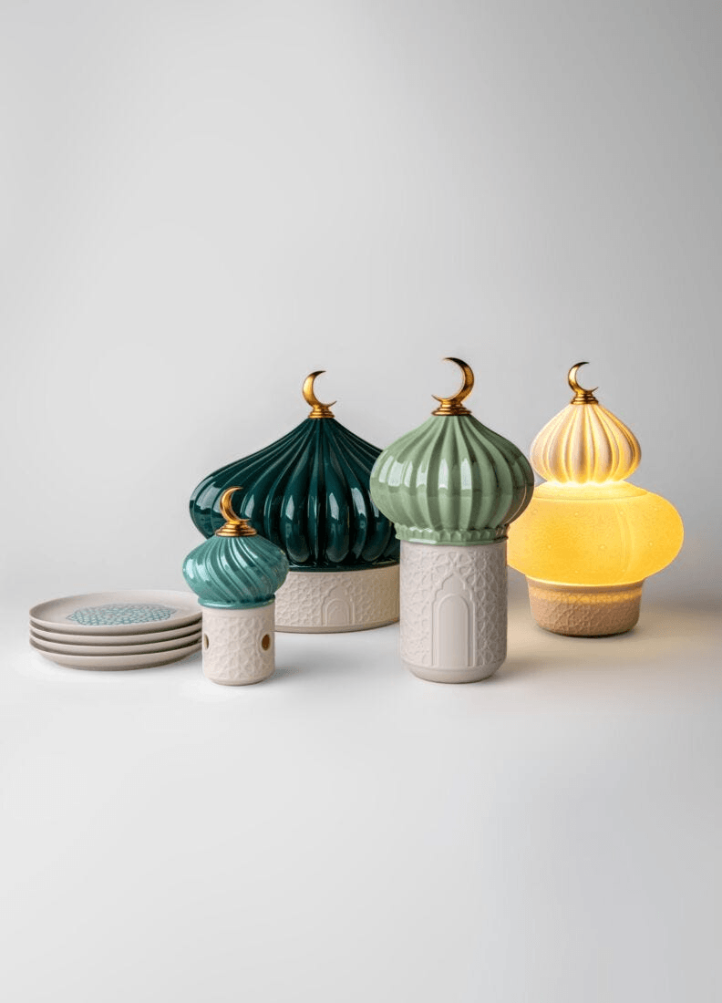 Lladró - Majestic Nights Wireless Lamp, elegant porcelain lamp design with decorative crescent motifs.