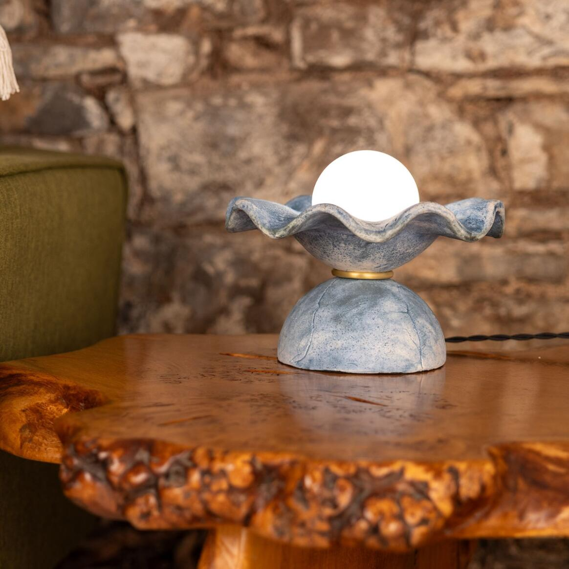 Mullan Rivale Table Lamp with Wavy Ceramic Shade Blue Earth - Satin Brass Finish