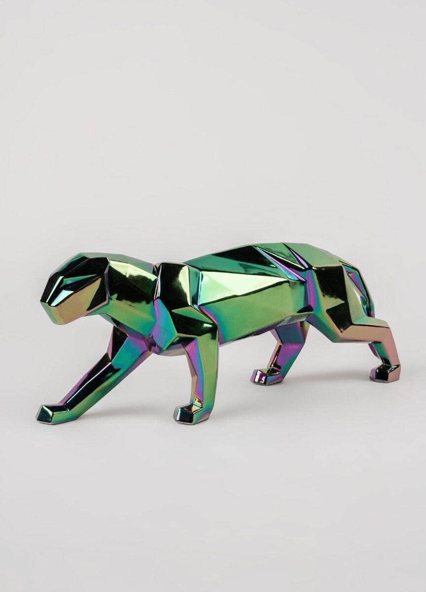Lladró - Panther Sculpture - Iridiscent, colorful porcelain decor embodying origami art.