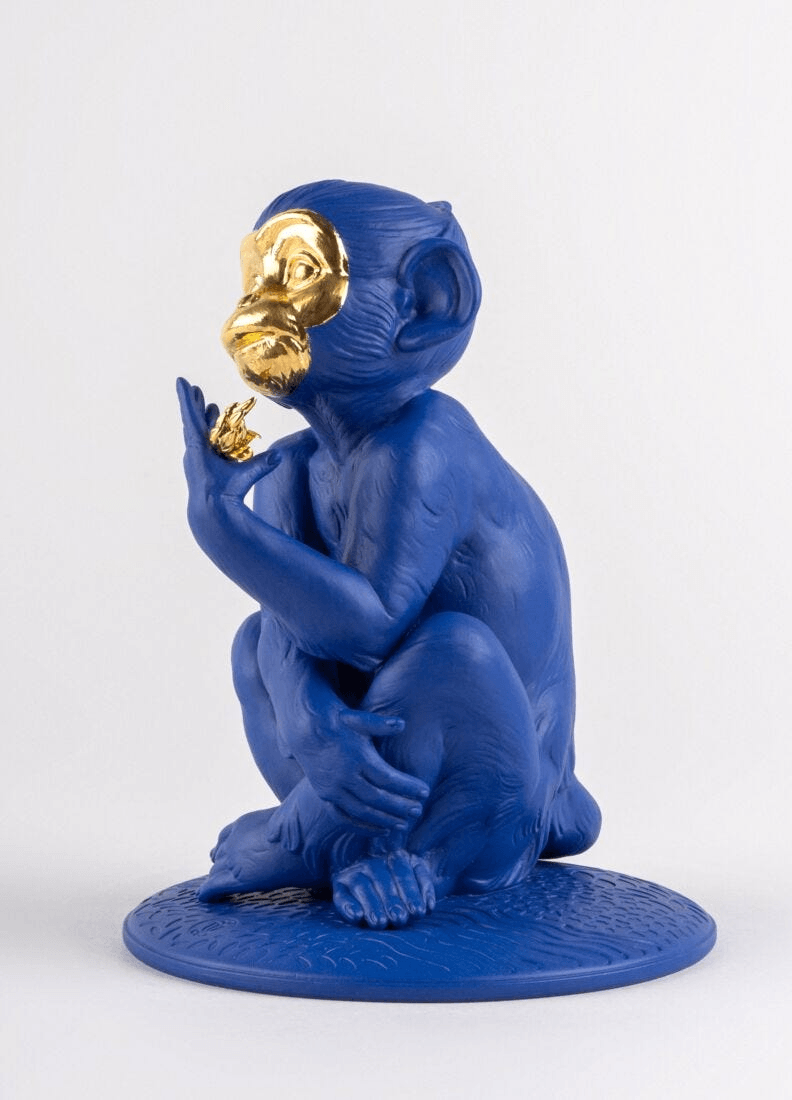 Lladró - Little monkey Sculpture - Blue-Gold - Limited Edition Porcelain figurine featuring blue and gold accents.
