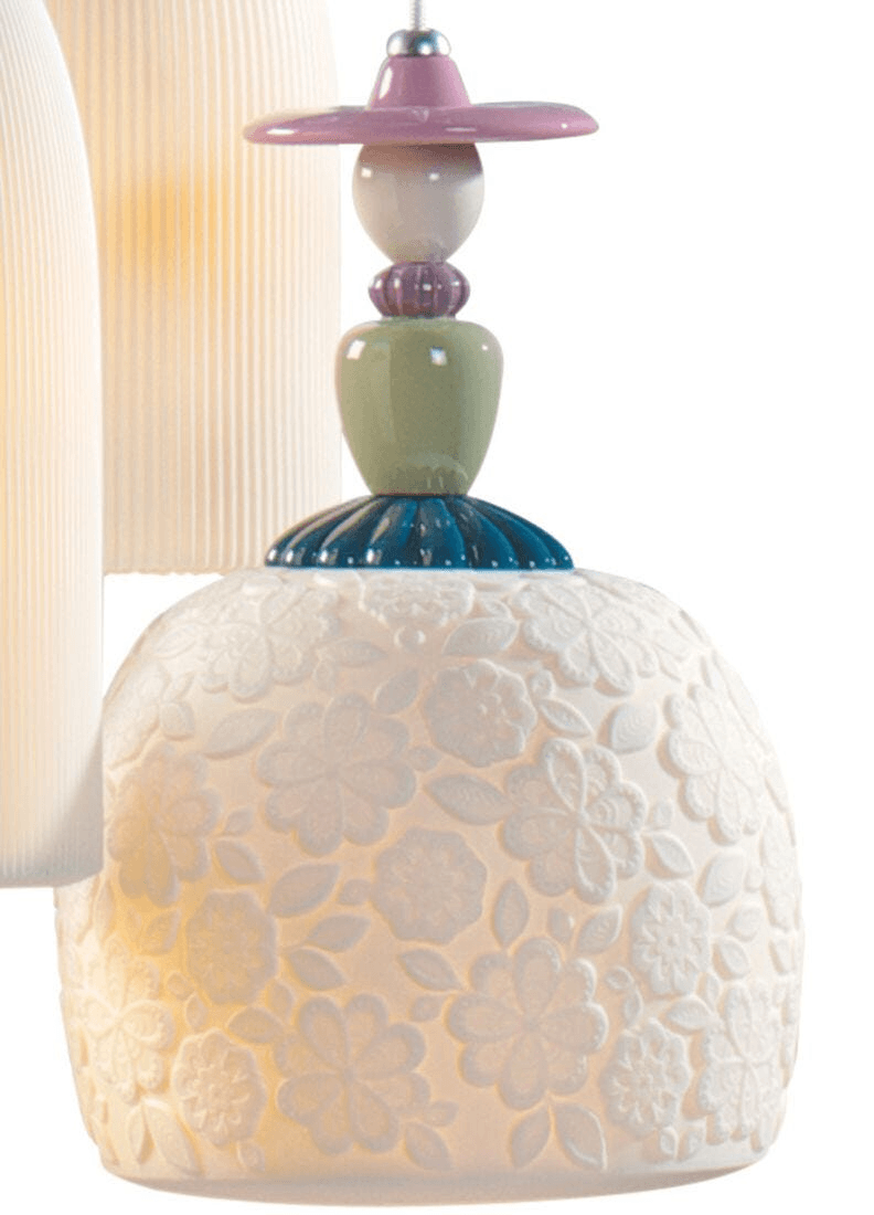 Lladró - Mademoiselle 4 Lights Walking on The Beach Pendant Light featuring intricate floral porcelain design.