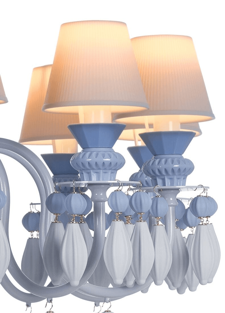 Lladró - Belle de Nuit 12 Lights Chandelier - Blue with elegant porcelain details and soft lighting.