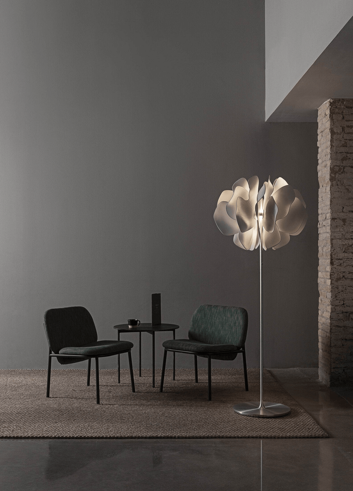Lladro Porcelain organic lighting: Lladró - Nightbloom Floor Lamp - White - N170 standing by modern chairs.