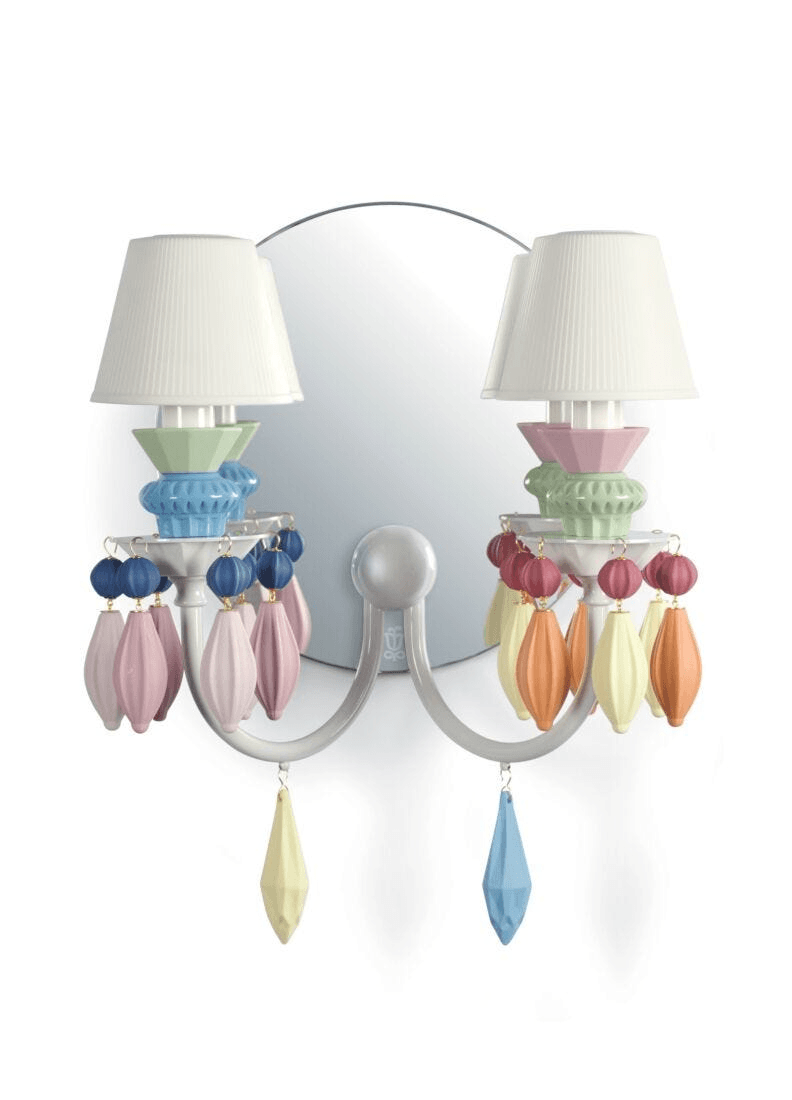Lladró - Belle de Nuit 2 Lights Wall Sconce with colorful porcelain shades and decorative accents.