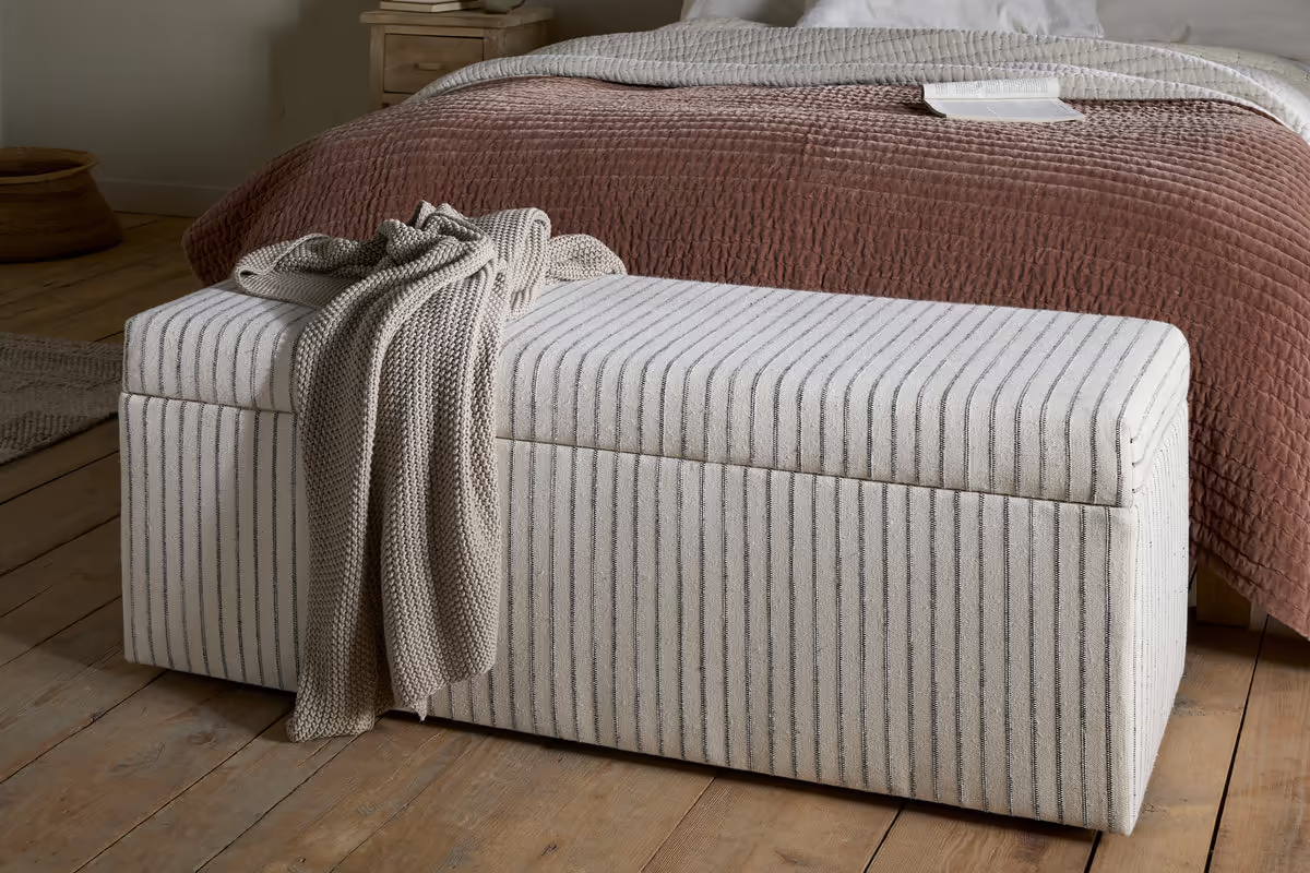 Nkuku - Sanja Stripe Cotton & Linen Upholstered Storage Bench - Grey