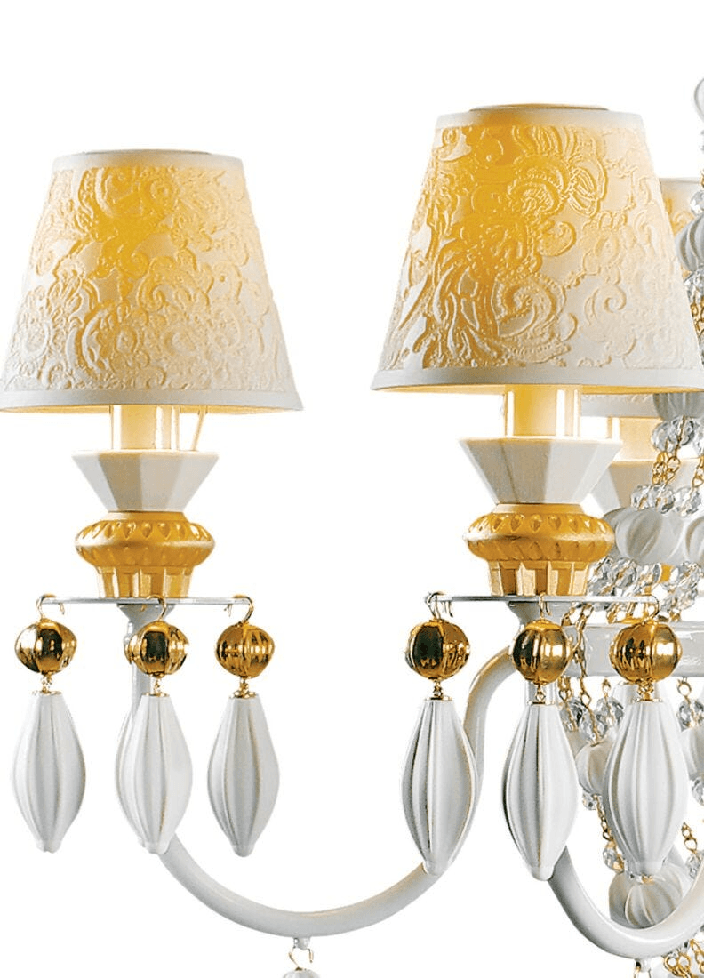 Lladró - Winter Palace 6 Lights Chandelier detail with gold and porcelain accents, elegant design and craftsmanship.